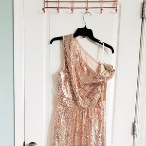 Rose gold sequined one shoulder dress